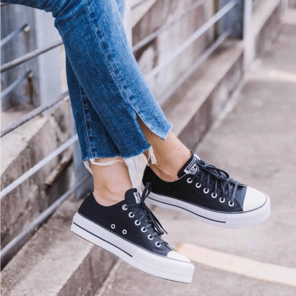 Black Leather Platform Converse Sneakers 8.5